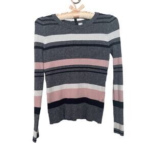 H&M Small Striped Pink Black Grey White Ribbed Stretchy Sweater